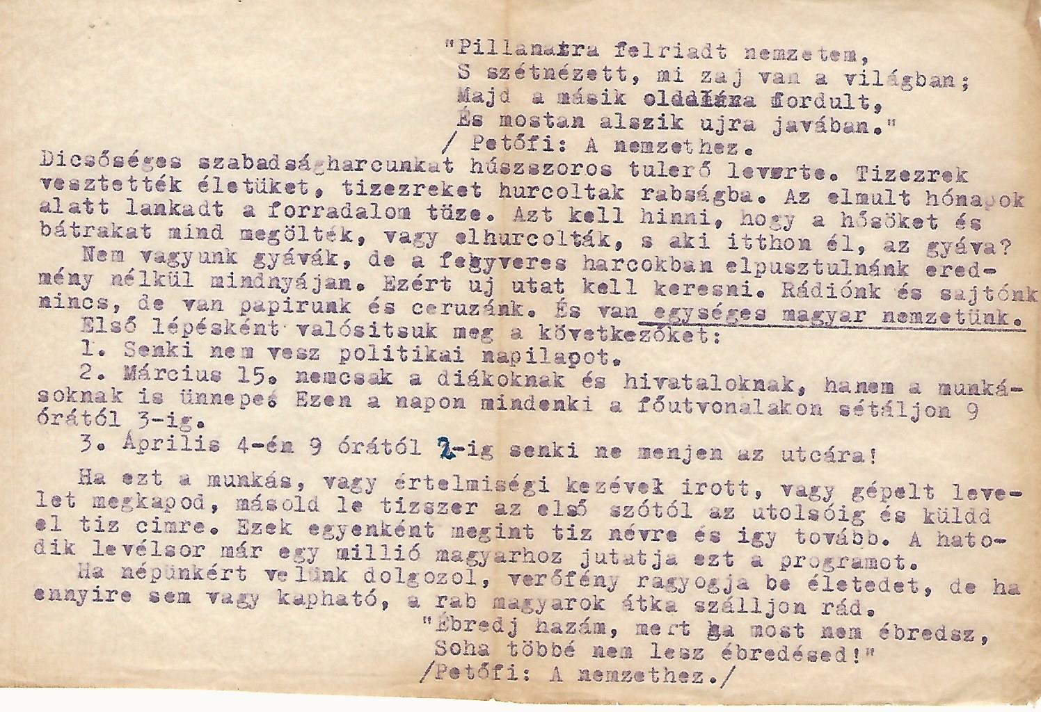 Indigóval sokszorosított géppel írt röplap 1957-ből, a MUK előkészítéséhez Janits Béla tulajdona